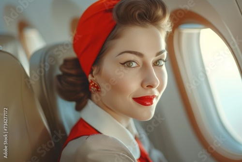 Air hostesses and flight attendants provide service on planes photo