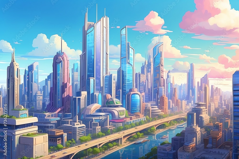 Generative AI. Isometric City with Futurism Style