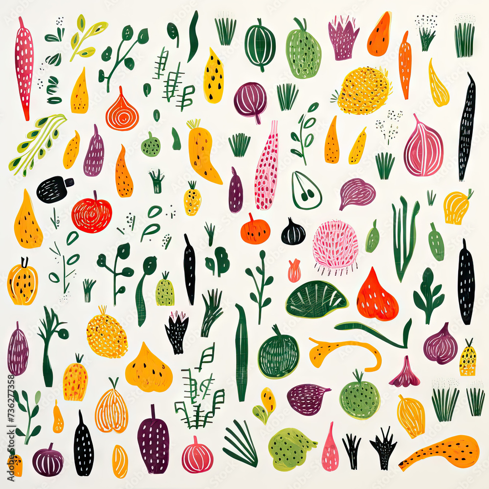 
A riso print of different types of vegetables, think hand carved lines