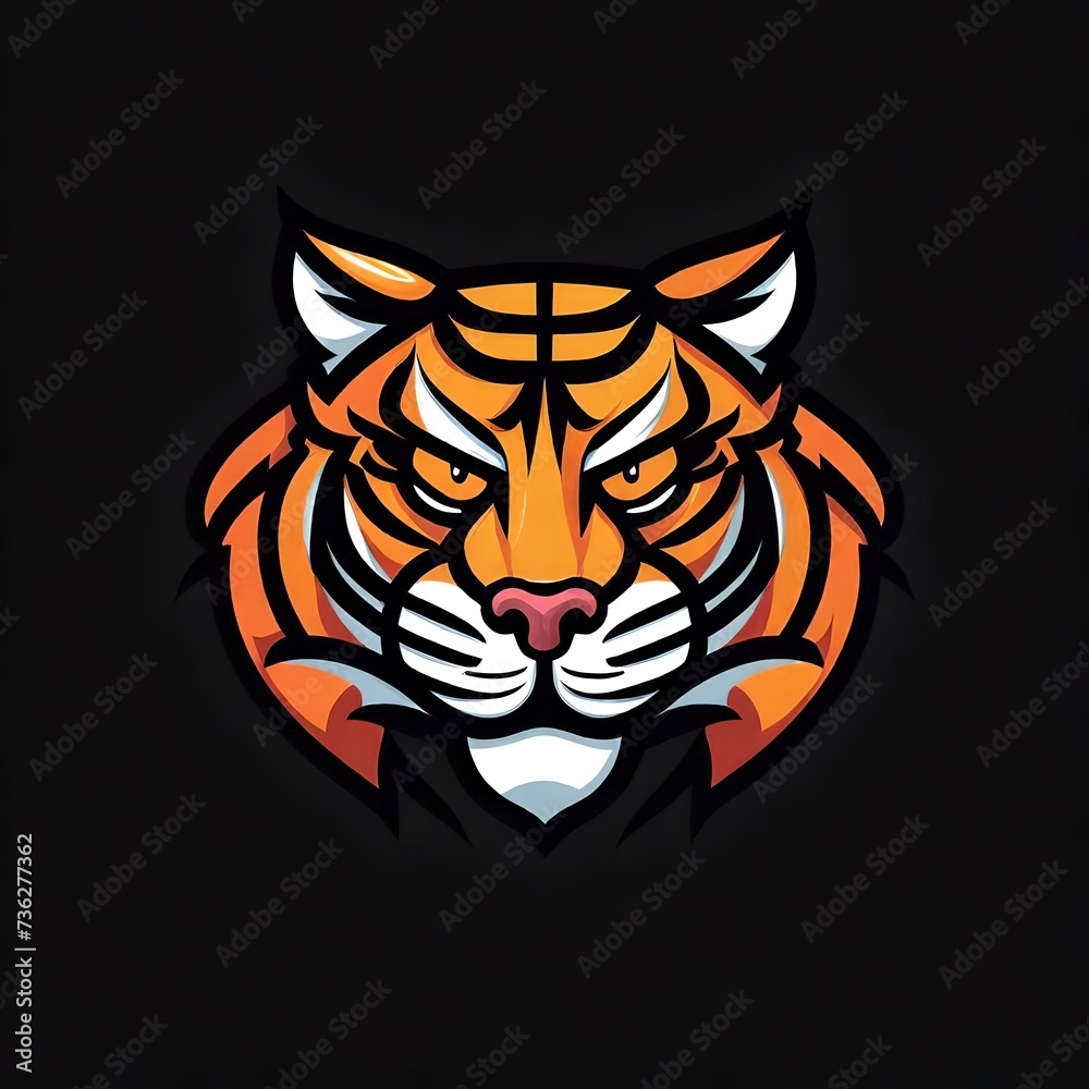 A sleek, flat vector logo of a fierce tiger, designed with bold colors and clean lines, creating a captivating image isolated on a solid black background.