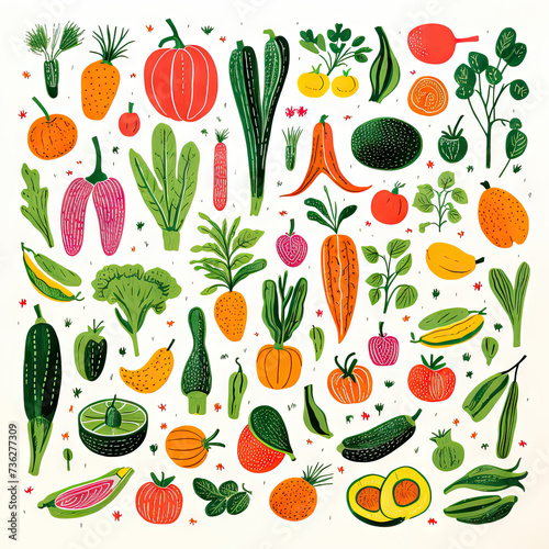
A riso print of different types of vegetables, think hand carved lines