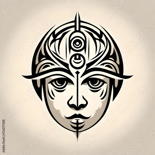 A flat vector logo of a minimalist tribal tattoo design featuring a single face  captured in crisp detail with an HD camera. Isolated on a light white solid background.  Upscaling by