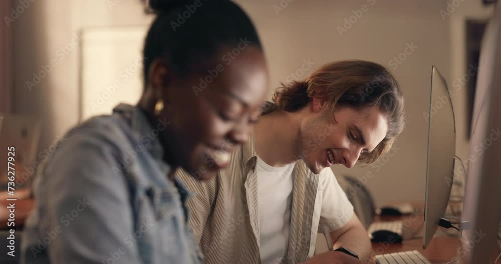 Man, woman and writing in night with paperwork, planning or discussion for solution at finance startup. Business people, office and pc with notes, advice or smile for idea with investing in workplace Man, woman and writing in night with paperwork, planning or discussion for solution at finance startup. Business people, office and pc with notes, advice or smile for idea with investing in workplace