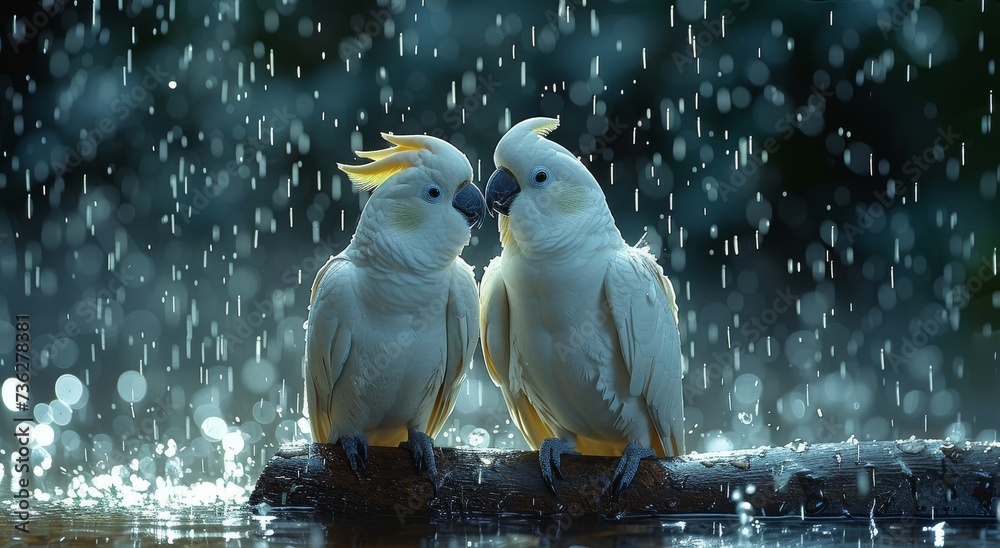 Amidst the pouring rain, two feathered friends find solace on a mossy log, their beaks pointed towards the sky as they embrace the wildness of the outdoors - obrazy, fototapety, plakaty 