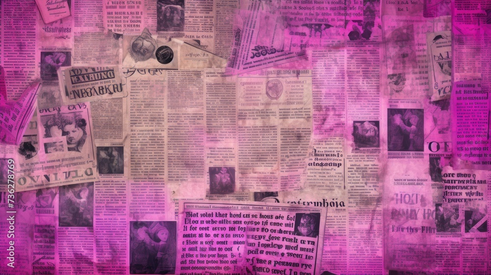 The background is old newspaper clippings in Magenta color The background is old newspaper clippings in Magenta color