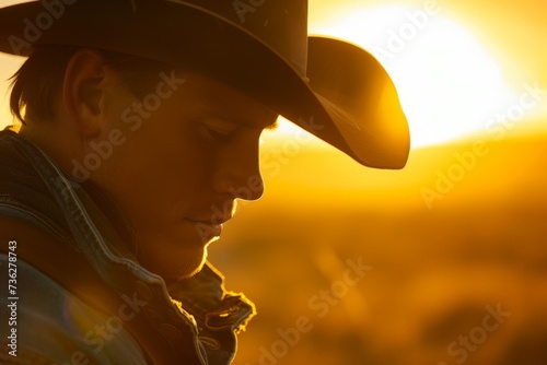 A cowboy in sunset looking down