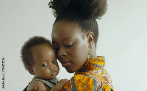 A Black mother soothes a baby against a white backdrop photo