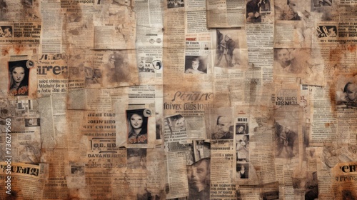 The background is old newspaper clippings in Peach color.