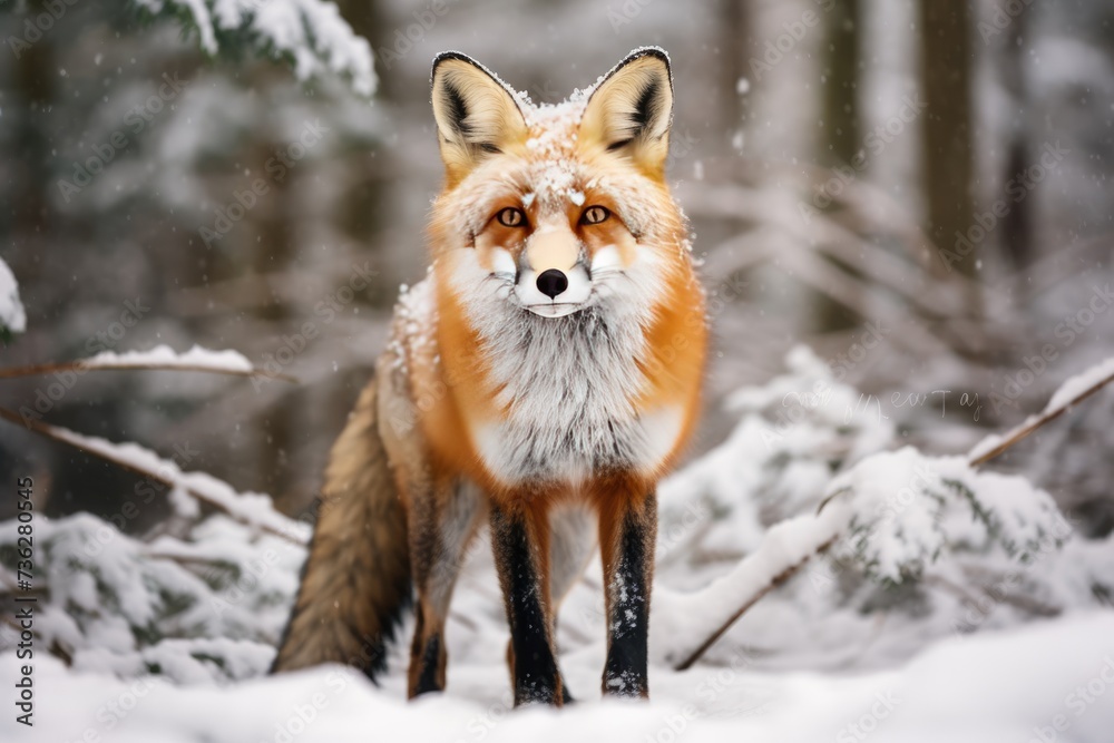 Fototapeta premium A red fox in the snowy wilderness, red fox in the snow, its bright fur contrasting against the white landscape, Ai generated