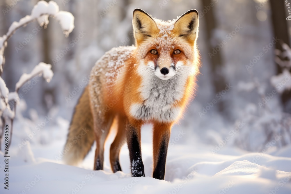 A red fox in the snowy wilderness, red fox in the snow, its bright fur contrasting against the white landscape, Ai generated