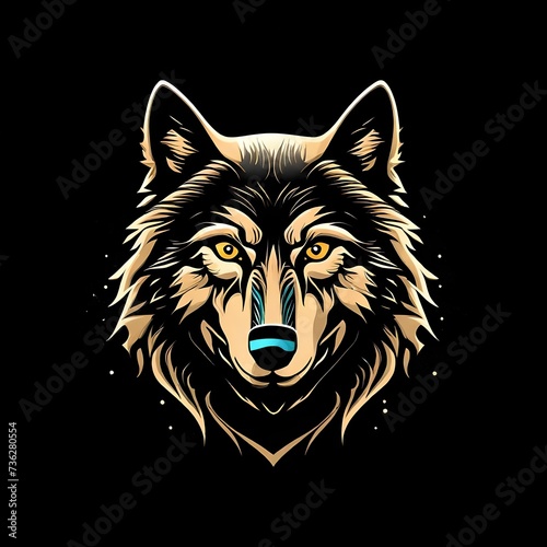 Logo illustration of a perfect wolf single face color slated on black solid black background isolated on solid  Upscaling by © Ali