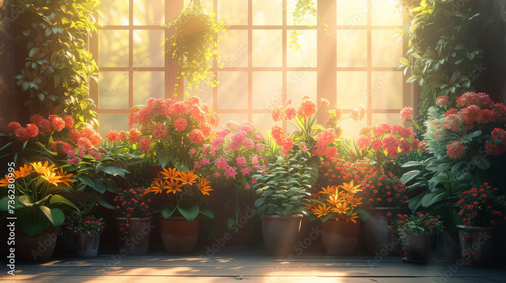 Amidst the sunlit windowsill, a vibrant group of potted houseplants bring a touch of outdoor garden beauty to the indoor space Amidst the sunlit windowsill, a vibrant group of potted houseplants bring a touch of outdoor garden beauty to the indoor space