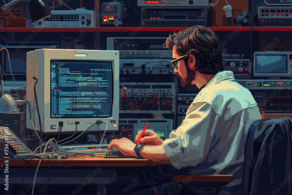 Caucasian Male Hardware Engineer Programming On Old Desktop Computer In Retro Garage