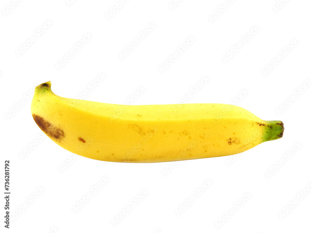 side of single yellow ripe banana with peel spotted isolated on transparent