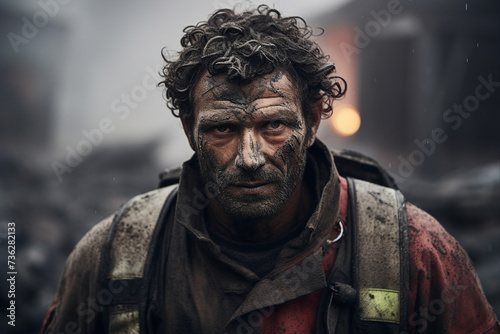 AI generated image photo of a professional rescuer against ruined city damaged buildings background