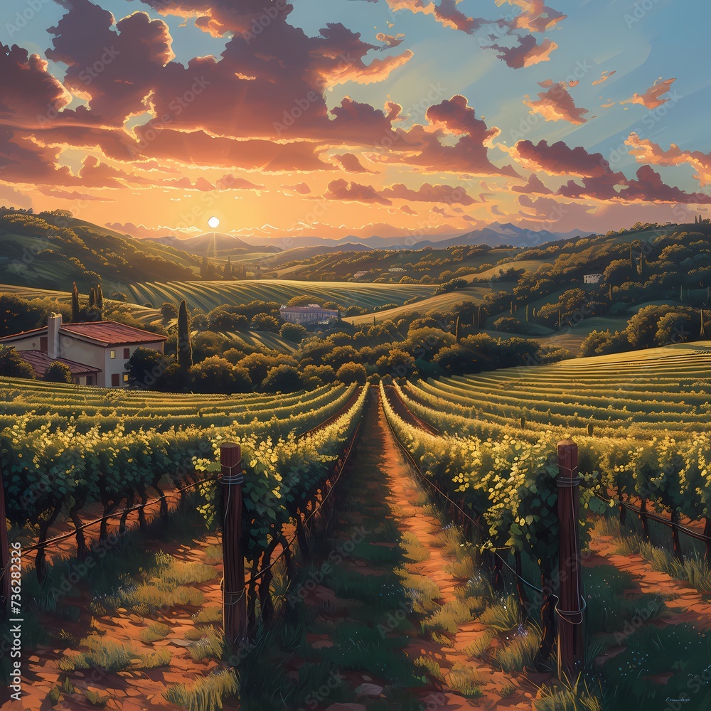 Golden Hour Over Vineyard Rows with Picturesque Sky