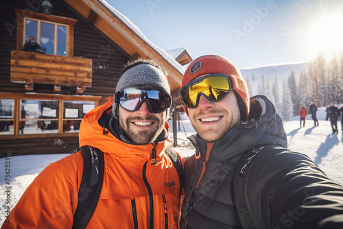 People friends couple spending time outdoors winter holidays frosty day resort hotel Generative AI
