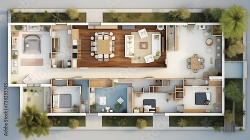 House plan with landscape design on wooden floor,dining room,bedroom,liveing room.Top view.
