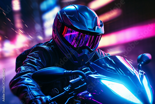 Ai generated illustration image of video game personage cyberpunk driving motorcycle speed motion neon illuminated city