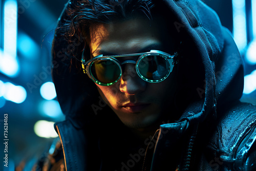 AI generated ai photo picture of a confident strong male humanoid robot wear connected smart glasses cyberpunk future concept