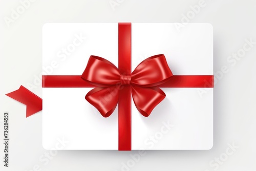 Gift box with red bow on white background, top view. Blank for a greeting card. Gift card wrapped in red ribbon, Ai generated © Tanu