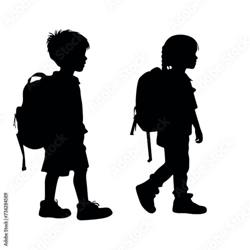 silhouette of school kids walking wearing backpack, back to school concept
