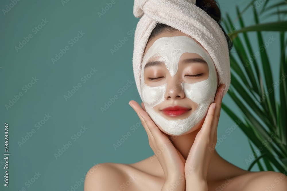 Serene Asian woman enjoys a spa day at home with a white facial mask, a towel wrapped around her hair, eyes closed, embodying relaxation and beauty. Serene Asian woman enjoys a spa day at home with a white facial mask, a towel wrapped around her hair, eyes closed, embodying relaxation and beauty.