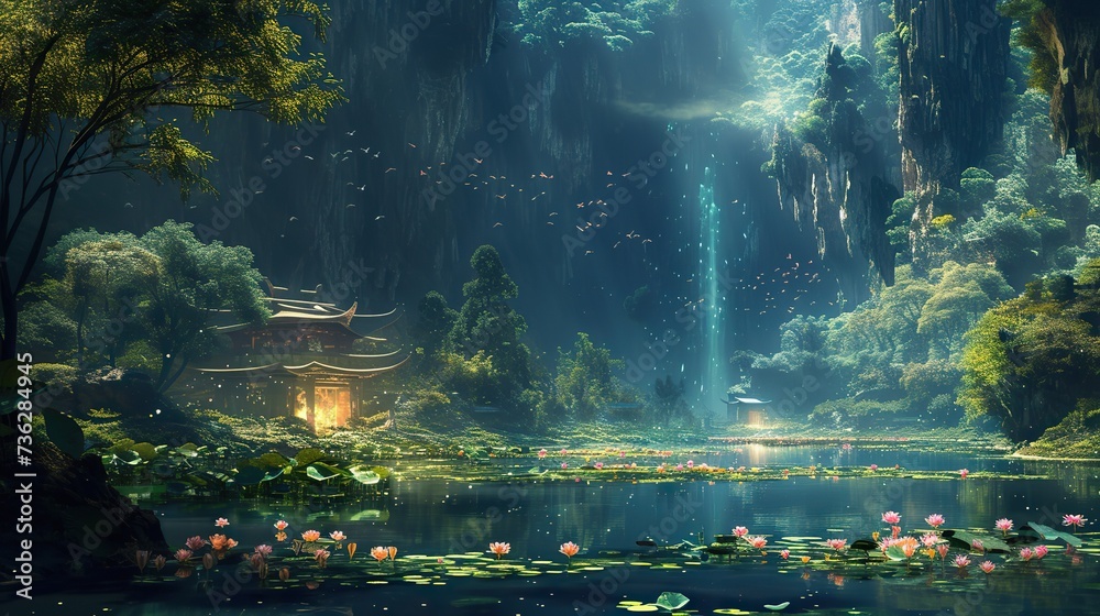 A serene temple amidst a mystical forest with a waterfall, surrounded by a tranquil lotus pond and lush foliage.