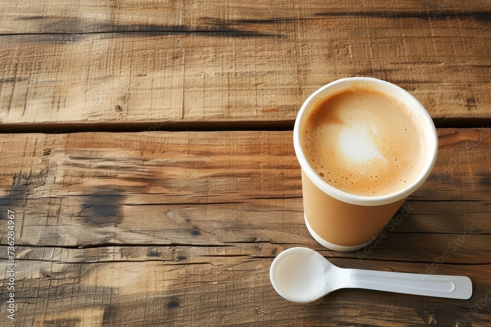 White plastic spoon on old wooden table with coffee cup flat lay close up view White plastic spoon on old wooden table with coffee cup flat lay close up view