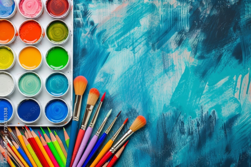 Fototapeta premium Top down view of watercolor painting supplies including palette brushes and pencils on paper