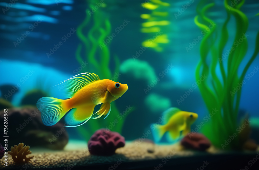 A small neon bright yellow fish swims underwater