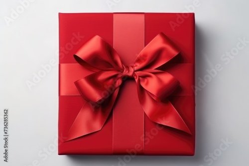 Red gift box with red bow on white background, top view. Blank for a greeting card. Gift card wrapped in red ribbon, Ai generated