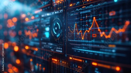 Detailed dynamic analysis dashboard with glowing graphs and metrics  illustrating data tracking and performance monitoring in a network operations center.