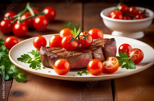 A magnificent steak cut with cherry tomatoes and parsley