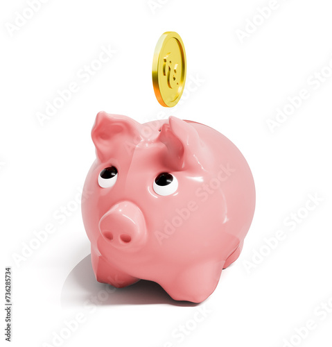 3d rendering of cute piggy bank and gold coin isolated on white background