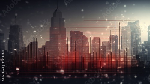 red graph on the background of the city  buildings and skyscrapers. stock exchanges  shares and investment market.