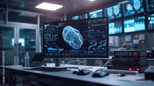 Modern neuroscience research lab with a detailed brain activity monitoring interface on a large display amidst scientific equipment. photo