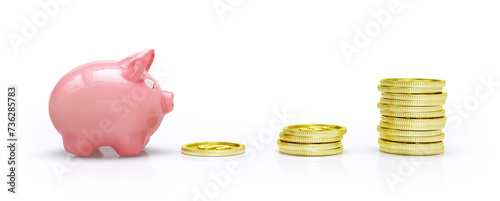 3D rendering of piggy bank and gold coins isolated on white background