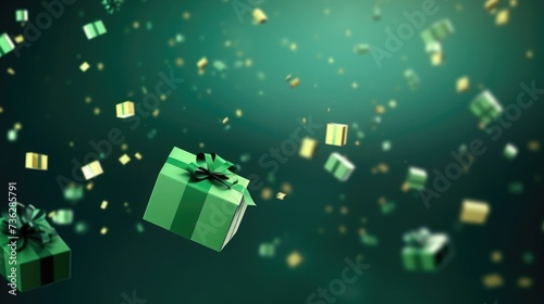 green gift, confetti flying and falling. festive, christmas texture, blue background. birthday card. place for text.