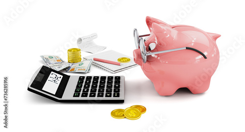 3d rendering of cute piggy bank with money, notebook and calculator isolated on white background