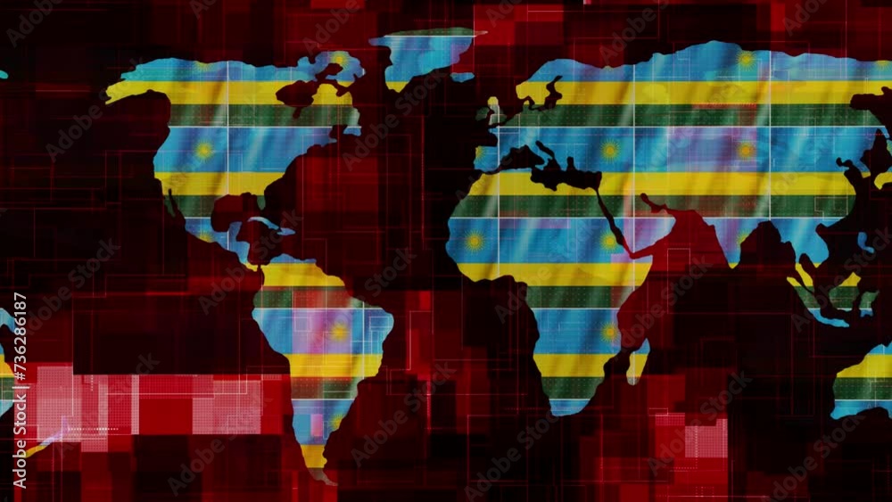 Rwanda flag earth map glowing technology motion news background