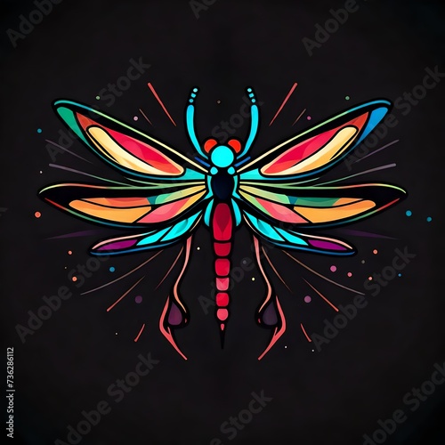 An eyecatching flat vector logo featuring the single face of a colorful  abstract dragonfly on a light red solid background. Isolated on a stylish solid black background.  Upscaling by