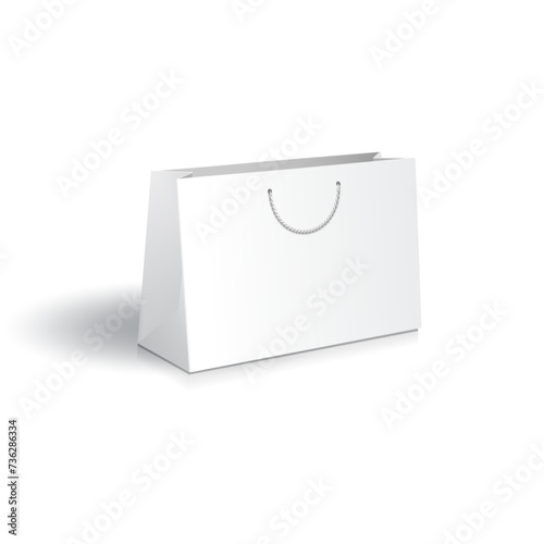 Paper shopping bag mockup. Blank white paper shopping bag or gift bag with white rope handles mockup template. Isolated on white background. Ready to use for branding design. Vector illustration.