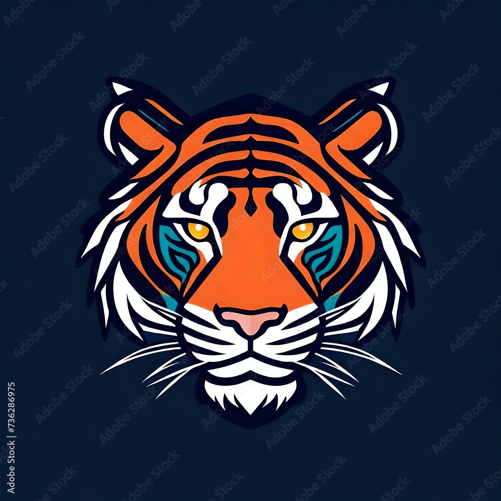 A sleek flat vector logo of a fierce tiger, designed with bold colors and clean lines, creating a captivating image against a solid navy background. Isolated on navy solid background.