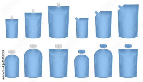 Set of blue doypack packaging with screw cap. Blank foil drink bags pouches with spout. Ketchup, mayonnaise or mustard. Stand up doy pack mock up set. Cosmetic refill. Fruit puree, baby food