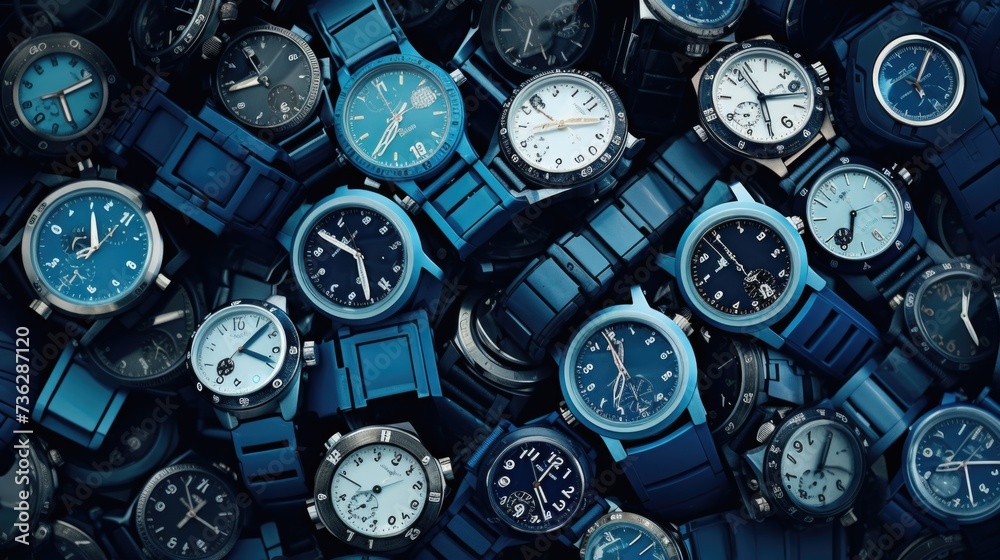 The background of many watches is in Arctic Blue color. - obrazy, fototapety, plakaty 