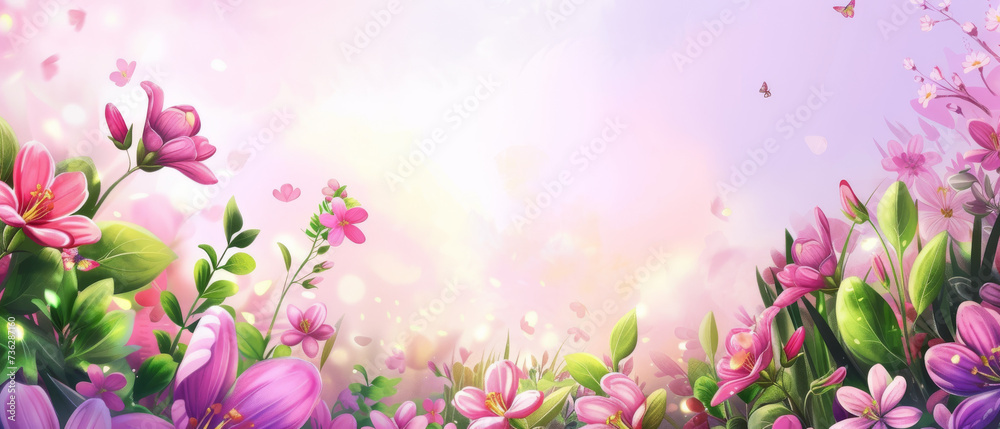 Fototapeta premium A vibrant array of pink petals, lilac and magenta flowers, and lush green leaves come together in a breathtaking display of nature's beauty during a springtime stroll outdoors