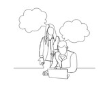 Continuous single line sketch drawing of two man and woman coworker talking something on laptop, bubble chat talk. One line art of office worker employee vector illustration