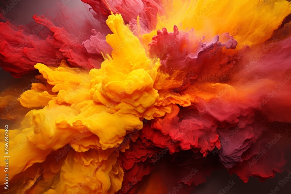 An explosive burst of vibrant red and yellow powders captured in mid-air, creating an intense and dynamic abstract composition.