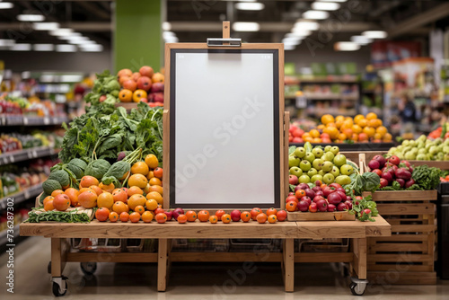 Produce aisle in the grocery store showcasing a variety of fresh, organic fruits and vegetables. Emphasis on wholesome eating. Natural vitamins and minerals photo